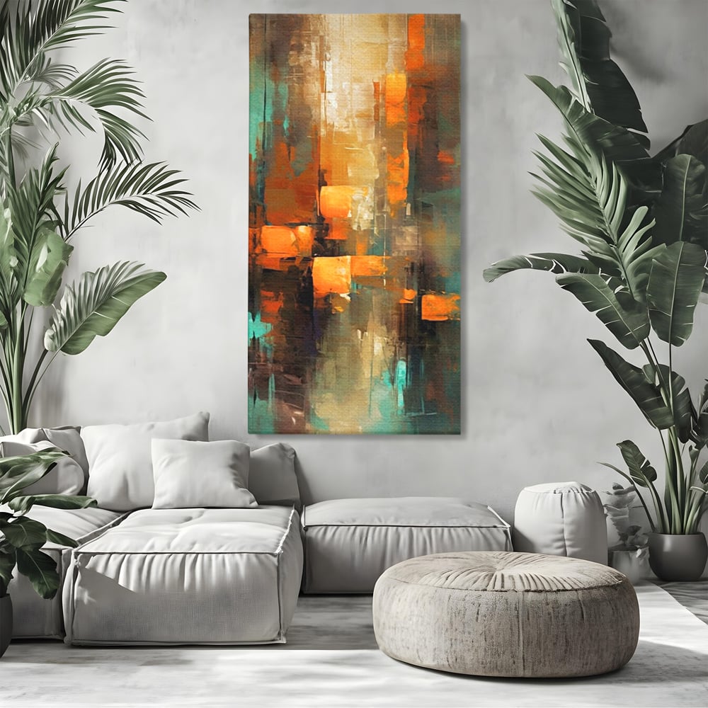 Tablou canvas cu pictura abstracta cu linii verticale, fara rama, pe sasiu de lemn, pe perete intr-un living